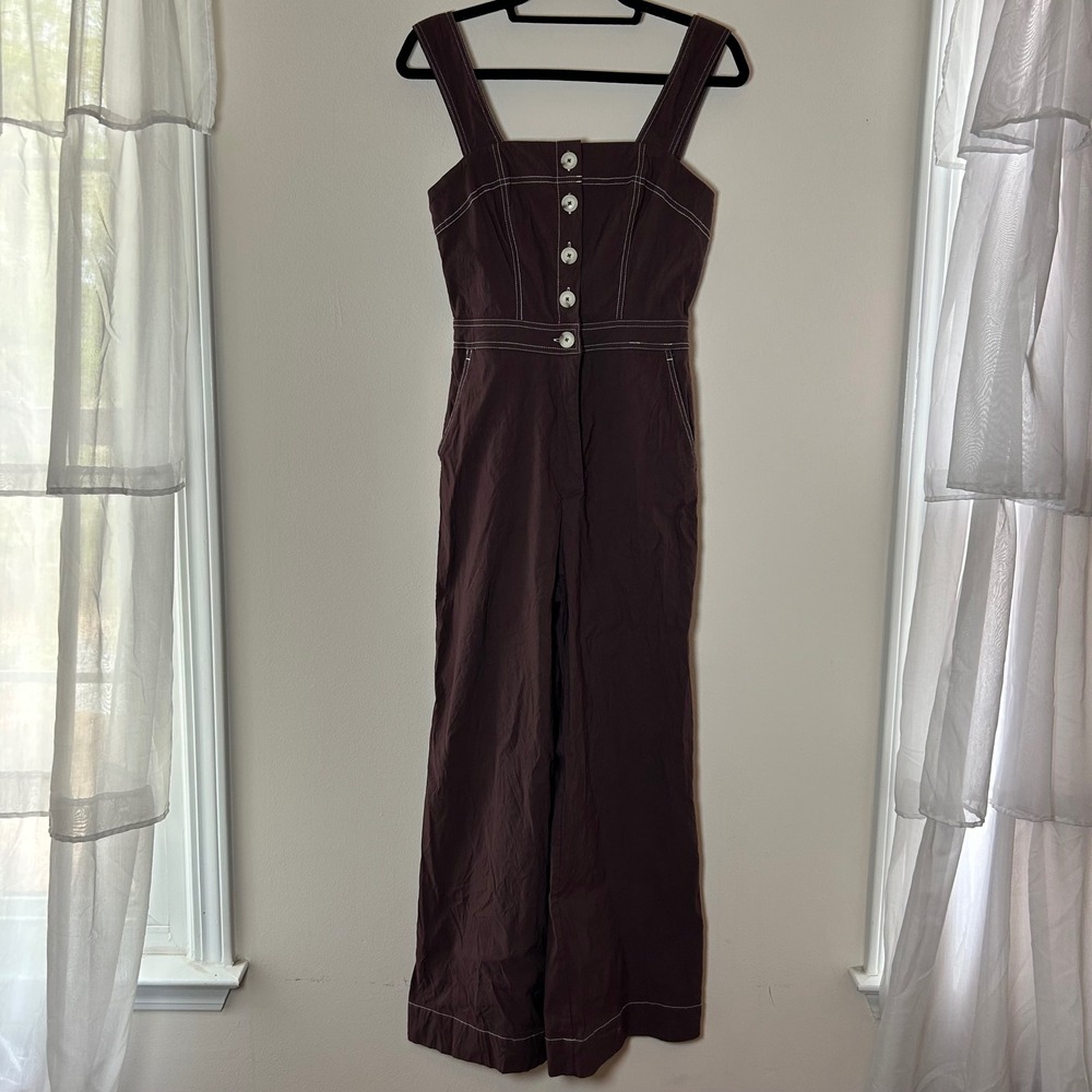 Maeve Anthropologie Colette Jumpsuit Brown Contrast Stitch Wide Leg Button ‎ 4 - Picture 2 of 9